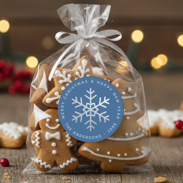 Sticker Rond Blue Christmas Snowflake Elegant Faux Silver Foil  (Créateur téléchargé)