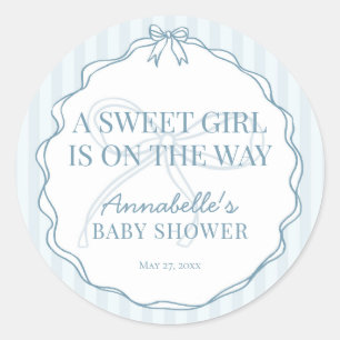 Sticker Rond Blue Coquette Bow Pastel Baby shower Invitation Se