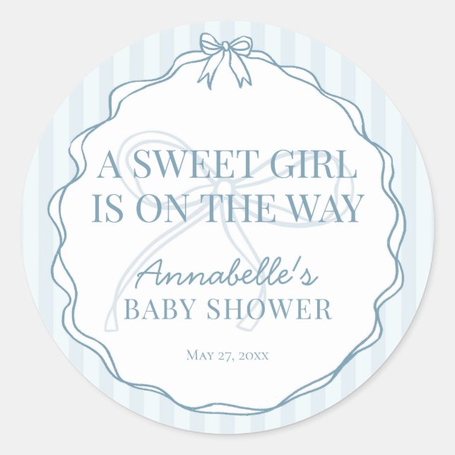 Sticker Rond Blue Coquette Bow Pastel Baby shower Invitation Se (Devant)