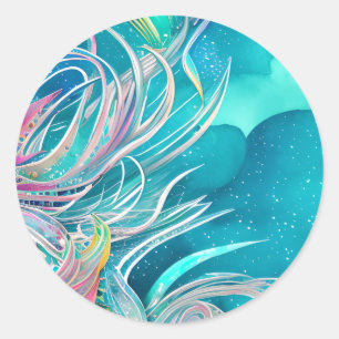 Sticker Rond Blue Coral Beach Art Abstrait