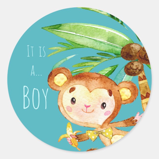 Sticker Rond Blue Cute Monkey Baby Boy Faire-part (Devant)