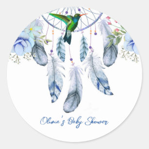 Sticker Rond Blue Dreamcatcher Hummingbird Boy Baby shower