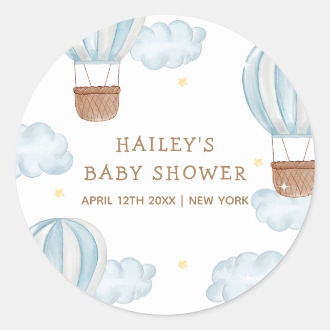 Sticker Rond Blue Elegant Hot Air Balloon Cloud Baby shower gar (Devant)