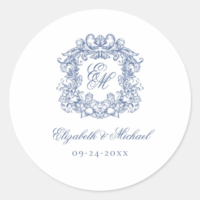 Sticker Rond Blue Elegant Vintage Monogram Crest Wedding (Devant)