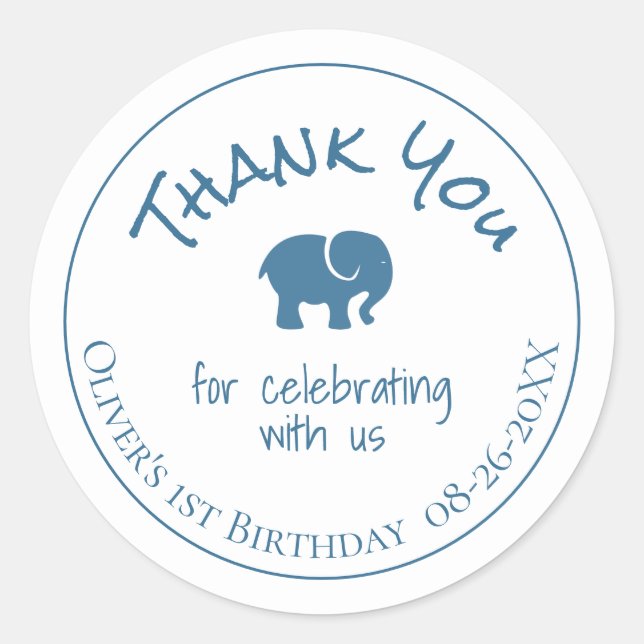 Sticker Rond Blue Elephant 1er anniversaire Merci (Devant)