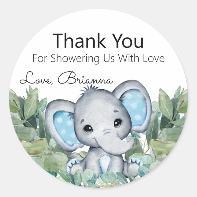 Sticker Rond Blue Elephant Baby shower de verdure Merci (Devant)
