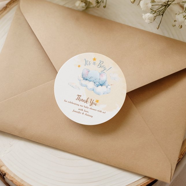 Sticker Rond Blue Elephant Baby Shower Thank You It's a Boy (Créateur téléchargé)