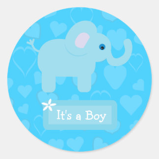 Sticker Rond Blue Elephant & Hearts Baby Boy Faire-part