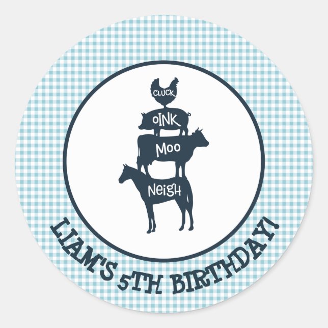 Sticker Rond Blue En vichy Agritourisme Thème Animal Anniversai (Devant)