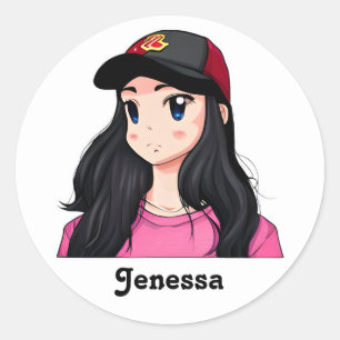 Sticker Rond Blue Eyed Black Hair Anime Girl Personnalisé