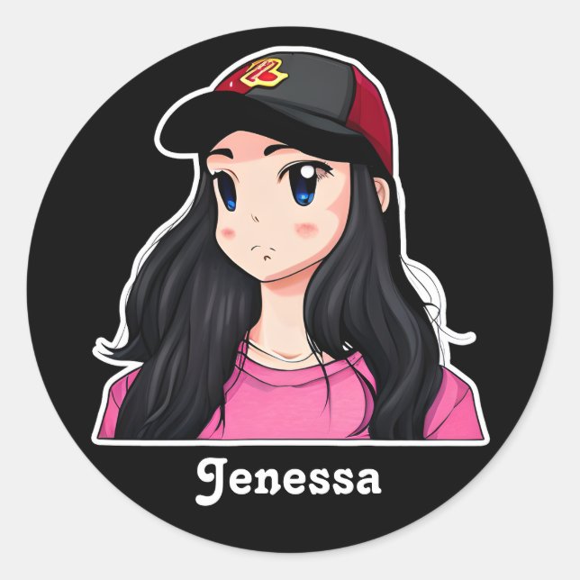 Sticker Rond Blue Eyed Black Hair Anime Girl Personnalisé (Devant)