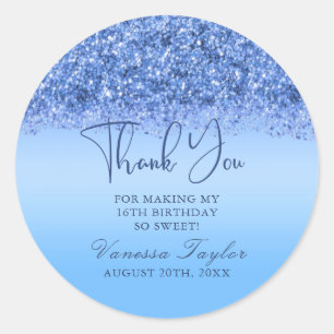 Sticker Rond Blue Faux Parties scintillant Sweet 16 Anniversair