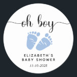 Sticker Rond Blue Feet Baby Boy Douche<br><div class="desc">Un autocollant mignon pour votre bébé garçon douches faveurs et la correspondance avec "oh garçon" dans un script élégant avec des swashes et une aquarelle bleue des pieds bébé. Sous vous pouvez facilement personnaliser avec votre nom et votre date de douche.</div>