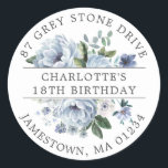 Sticker Rond Blue Floral 18th Birthday Adresse de retour<br><div class="desc">Ajoutez une touche spéciale à vos enveloppes d'invitation d'anniversaire avec ce design rond élégant. Il dispose d'un bouquet de roses bleus poussiéreux et de pivoines au centre. Les feuilles d'eucalyptus bleus lui donnent une ambiance botanique rustique. Le nom et l'anniversaire sont écrits au centre sur une bande blanche, et l'adresse...</div>