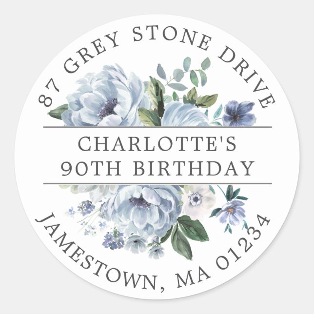 Sticker Rond Blue Floral 90th Birthday Adresse de retour Label (Devant)