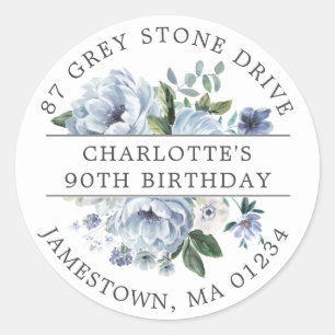Sticker Rond Blue Floral 90th Birthday Adresse de retour Label