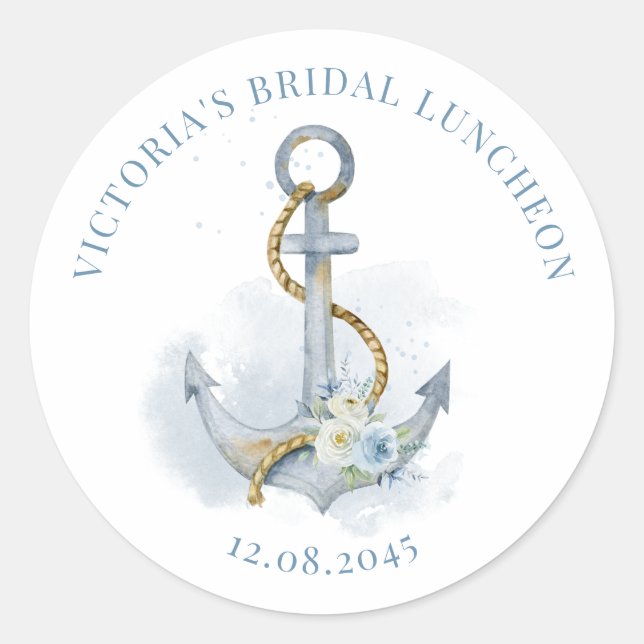 Sticker Rond Blue Floral Anchor Nautical Bridal Luncheon (Devant)