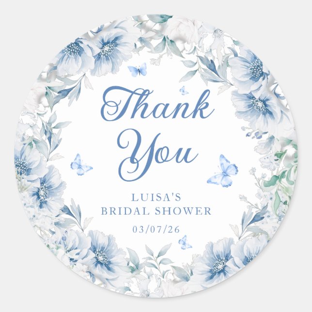 Sticker Rond Blue Floral Butterfly Bridal Shower Thank You (Devant)