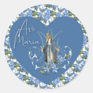 Sticker Rond Blue Floral Christian Virgin Mary Ave Maria