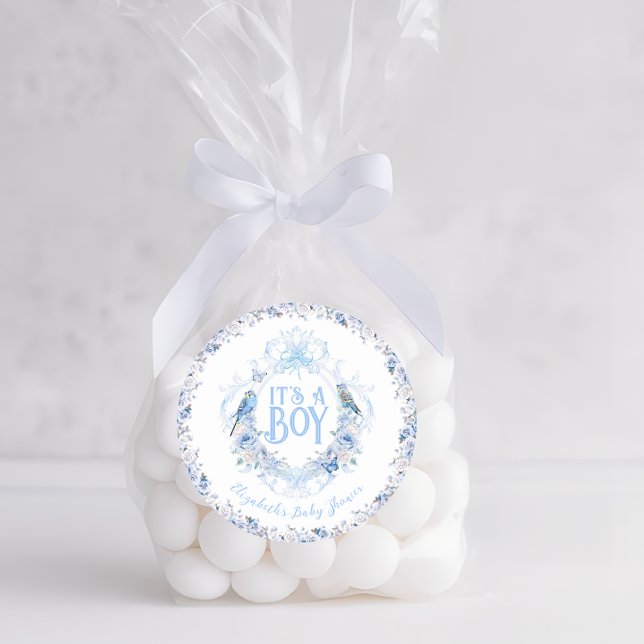 Sticker Rond Blue Floral Crest Bow C'est un Baby shower garçon (Créateur téléchargé)