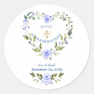 Sticker Rond Blue Floral Heart Gold Cross Confirmation pour gar