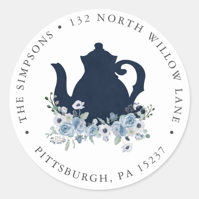 Sticker Rond Blue Floral Teapot Adresse de retour (Devant)