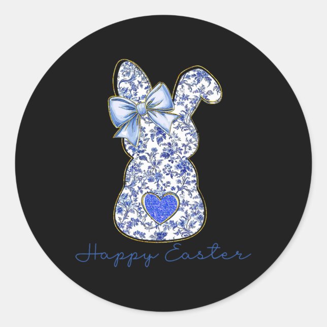 Sticker Rond Blue Floral Toile Chinoiserie Bunny Easter For Gir (Devant)