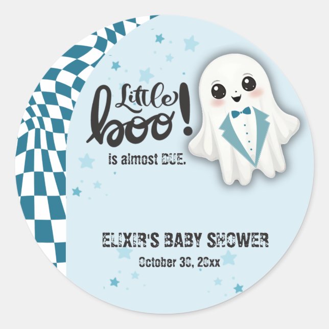 Sticker Rond Blue Ghost Little Boo est presque dû Baby shower (Devant)