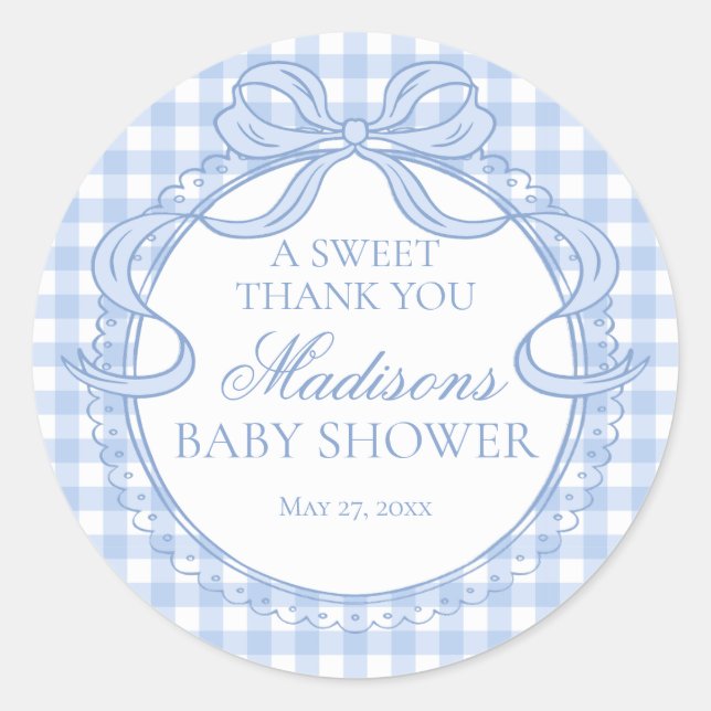 Sticker Rond Blue Gingham Coquette Bow Baby Shower Favor (Devant)