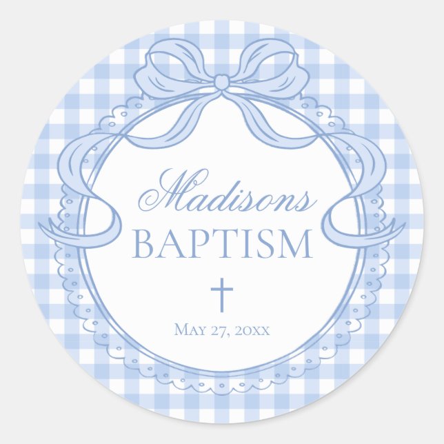 Sticker Rond Blue Gingham Coquette Bow Baptism Envelope Seal (Devant)