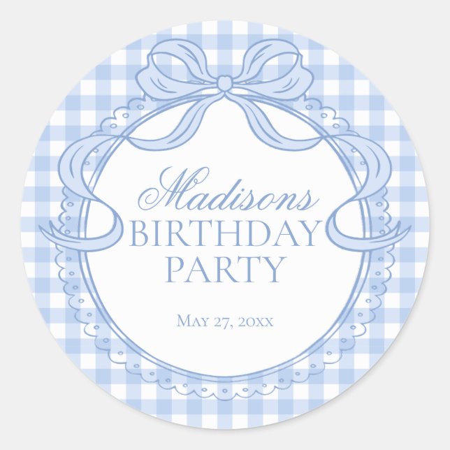 Sticker Rond Blue Gingham Coquette Bow Birthday Seal (Devant)