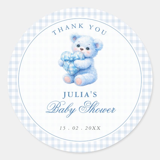 Sticker Rond Blue Gingham Teddy Bear Neutral Baby Shower (Devant)