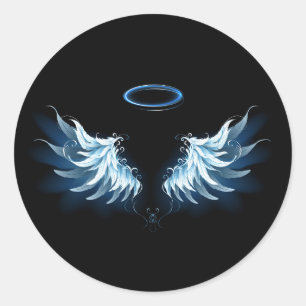 Sticker Rond Blue Glowing Angel Wings on black background