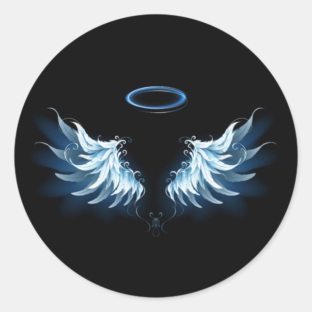 Sticker Rond Blue Glowing Angel Wings on black background (Devant)