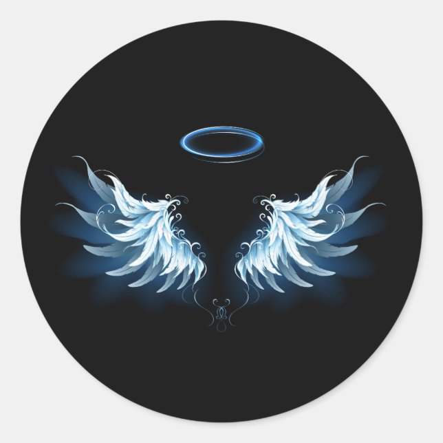 Sticker Rond Blue Glowing Angel Wings on black background (Devant)