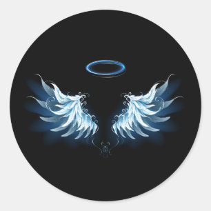 Sticker Rond Blue Glowing Angel Wings on black background