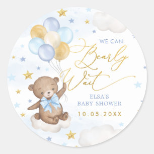 Sticker Rond Blue Gold Bear Ballons Nuages Stars Baby Boy