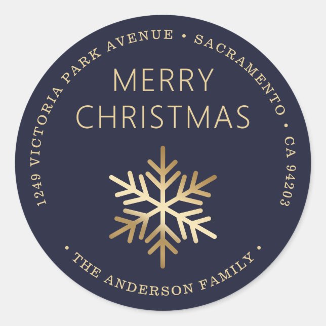Sticker Rond Blue Gold Christmas Snowflake Return Address (Devant)