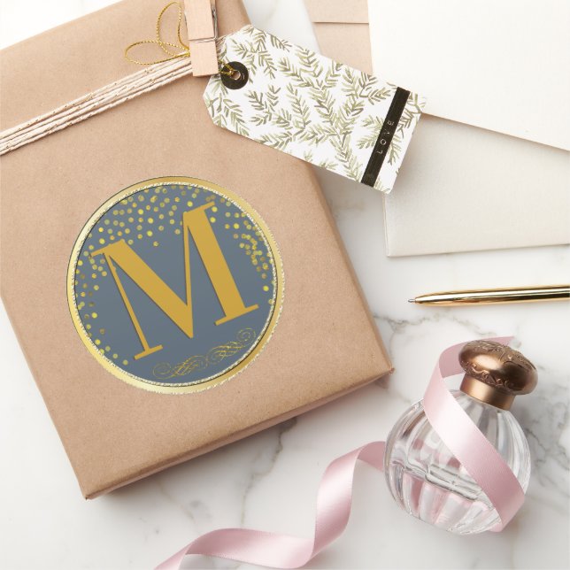 Sticker Rond Blue & Gold Confetti Mariage moderne (Cadeaux)