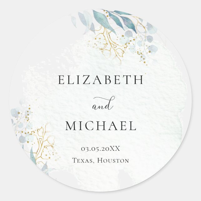 Sticker Rond Blue Gold ( Imitat) Watercolour Wedding Collection (Devant)