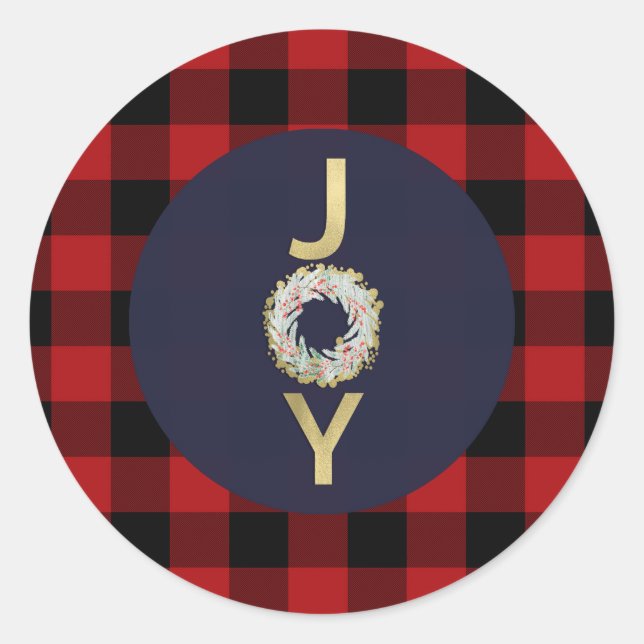 Sticker Rond Blue Gold Joie Wreath Holiday Red Buffalo Plaid (Devant)