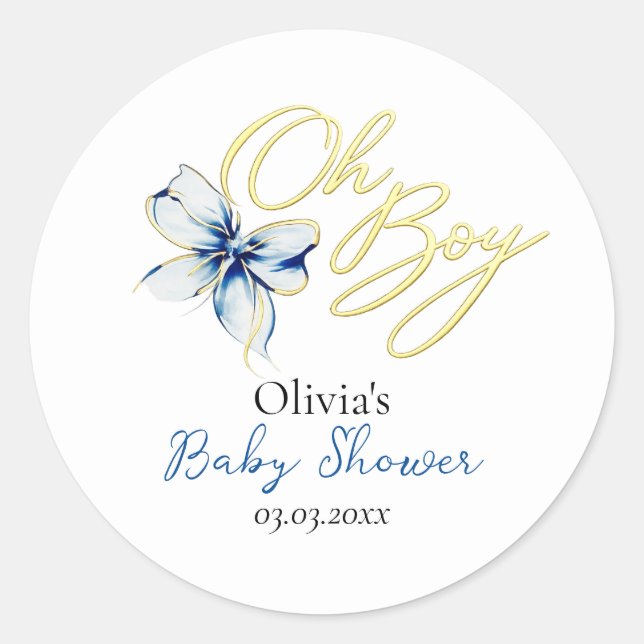 Sticker Rond Blue & Gold “Oh Boy” Gold Typography Baby Shower (Devant)