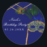 Sticker Rond Blue & Gold Peacock Masquerade Party Personnalisé<br><div class="desc">Bleu & Or Peacock Masquerade Party Personnalisé Favor Stickers. Customisez avec le texte que vous voulez.</div>