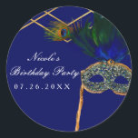 Sticker Rond Blue & Gold Peacock Masquerade Party Personnalisé<br><div class="desc">Bleu & Or Peacock Masquerade Party Personnalisé Favor Stickers. Customisez avec le texte que vous voulez.</div>