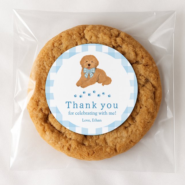 Sticker Rond Blue Golden Doodle Birthday Thank You Favor (Créateur téléchargé)