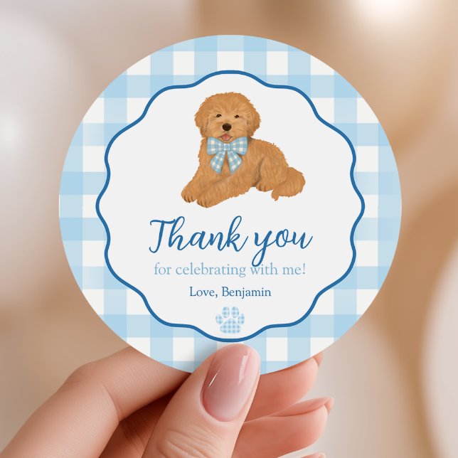 Sticker Rond Blue Golden Doodle Puppy Pawty Birthday Favor (Créateur téléchargé)