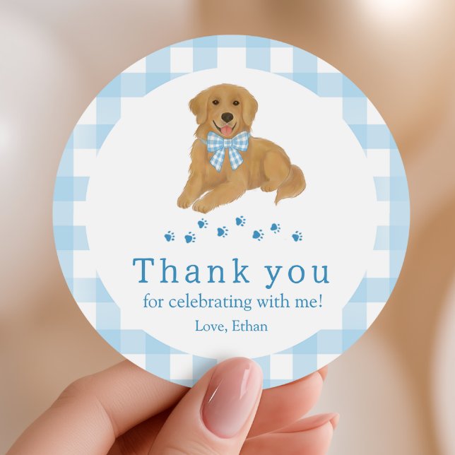 Sticker Rond Blue Golden Retriever Birthday Thank You Favor (Créateur téléchargé)