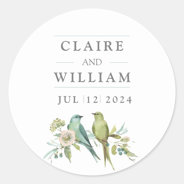 Sticker Rond Blue Green Birds Botanical Watercolor Mariage (Devant)