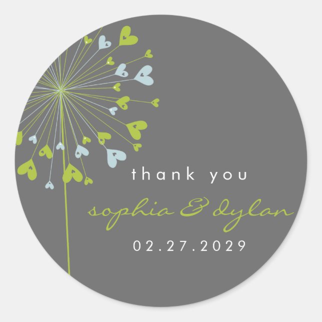Sticker Rond Blue & Green Dandelion Flower Love Hearve Mariage (Devant)