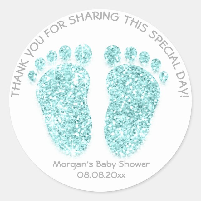 Sticker Rond Blue GreyGlitter Pieds Baby shower Favoriser Cadea (Devant)